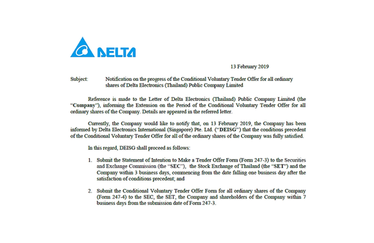 Delta Electronics (Thailand) PCL Receives Official Tender Offer From Delta Electronics Int’l (Singapore) Pte. Ltd 